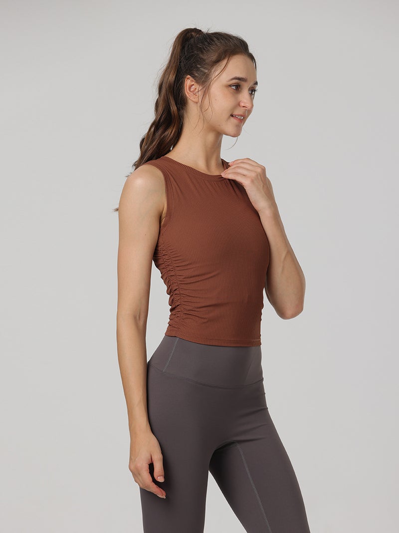 Ribbed Double-Sided Ruched Slim-Fit Sleeveless Sports Quick-Dry Yoga Tank Top With Backless Design - Image 3